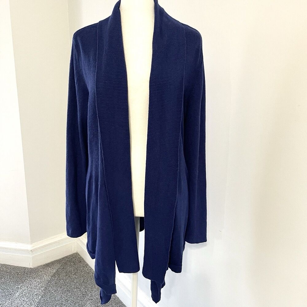 Chicos Open Front Cardigan Sweater Sz 2 Womens Large Blue Ribbed Cascade Hem